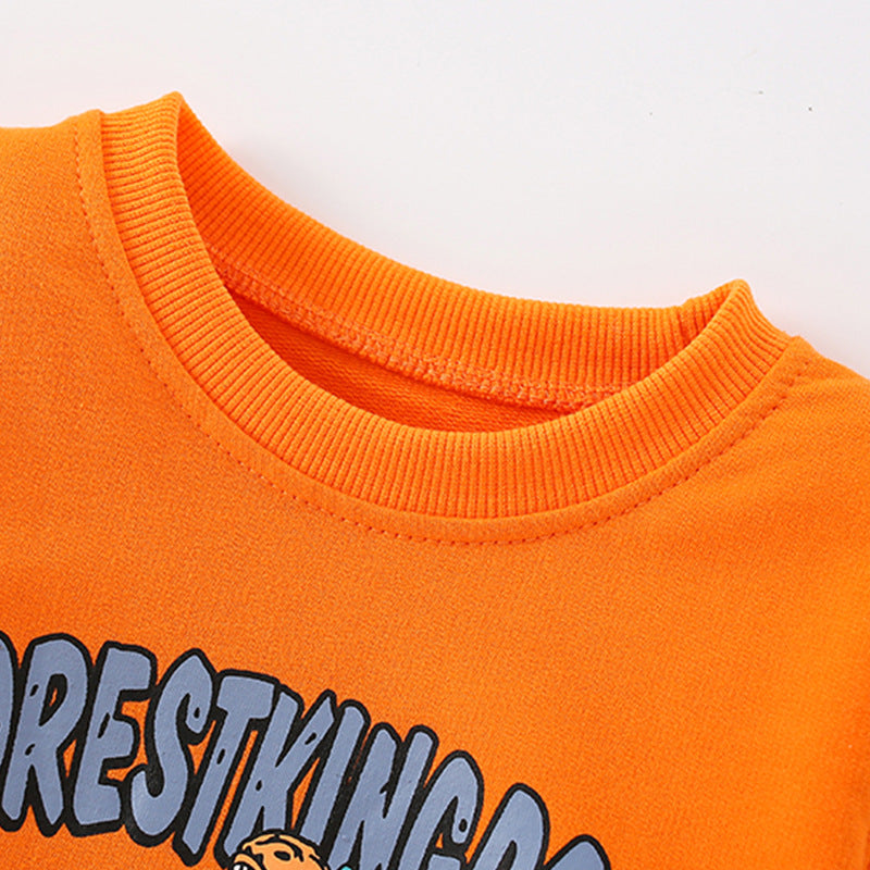 A vibrant orange long sleeve hoodie for baby boys featuring a playful cartoon dinosaur print, made from soft cotton material.