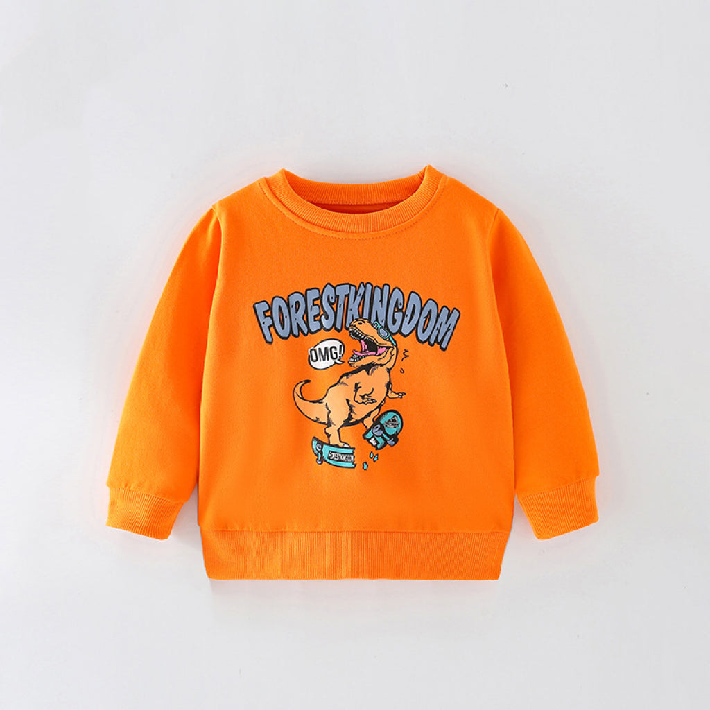 A vibrant orange long sleeve hoodie for baby boys featuring a playful cartoon dinosaur print, made from soft cotton material.