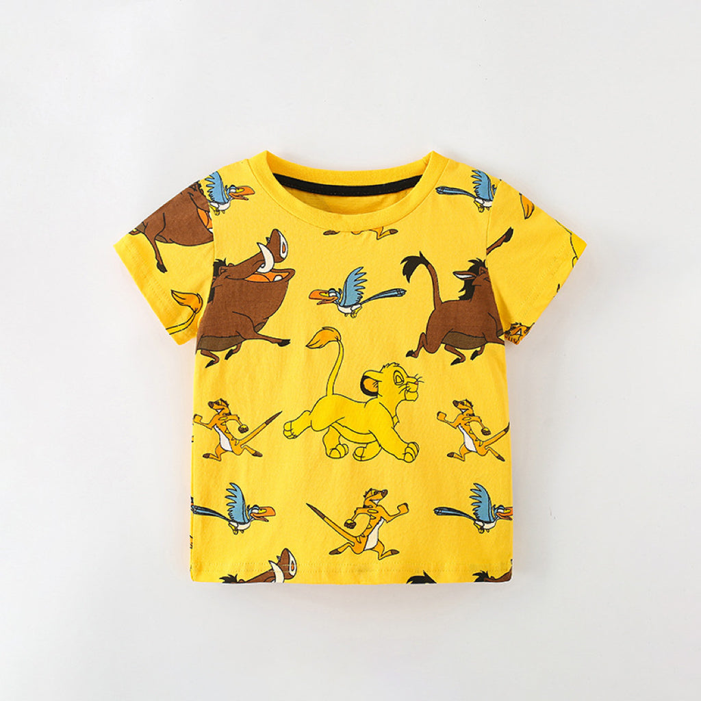 Baby Boy Cartoon Graphic Crewneck Summer T-Shirt in blue and yellow with animal designs.