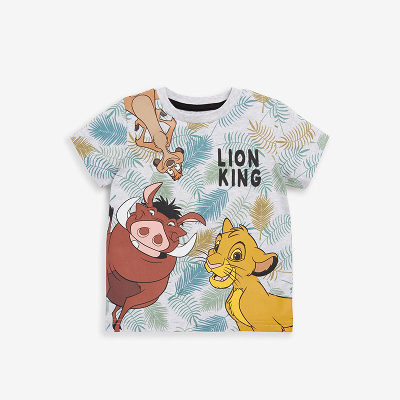 Baby Boy Cartoon Graphic Crewneck Summer T-Shirt in blue and yellow with animal designs.