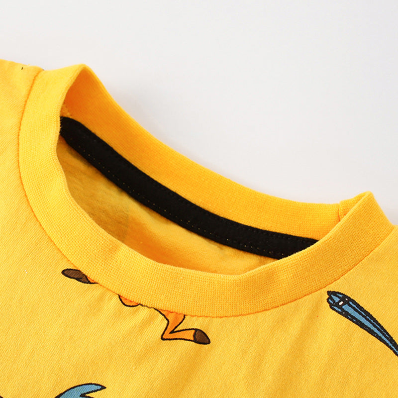 Baby Boy Cartoon Graphic Crewneck Summer T-Shirt in blue and yellow with animal designs.