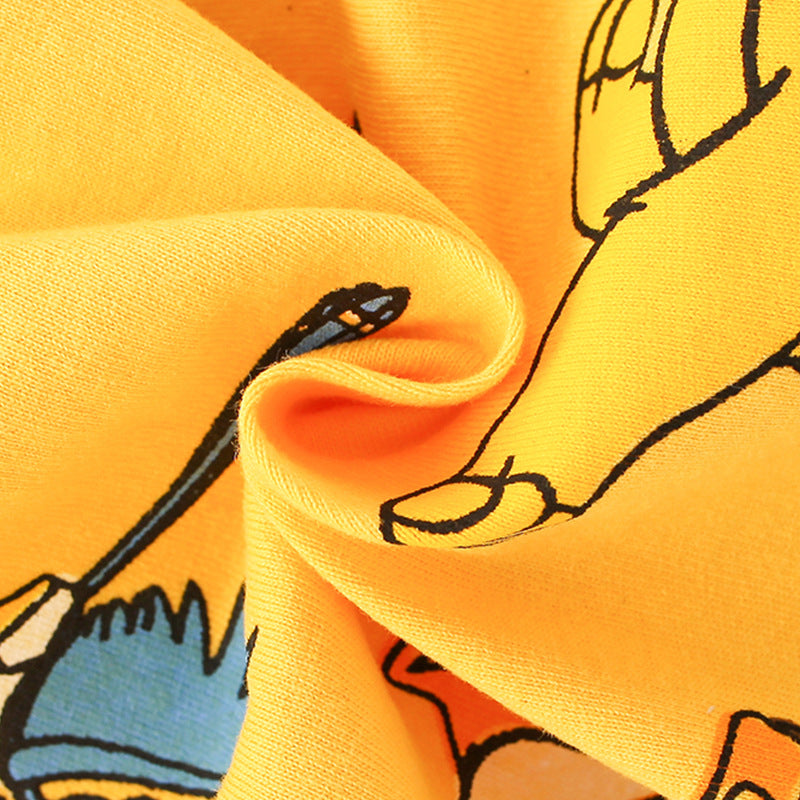 Baby Boy Cartoon Graphic Crewneck Summer T-Shirt in blue and yellow with animal designs.