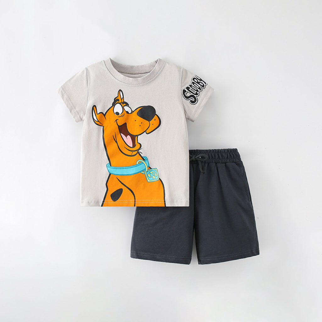 Baby Boy Cartoon Graphic Tee Combo Shorts Sets in Grey and Orange, featuring playful cartoon designs, perfect for summer wear.