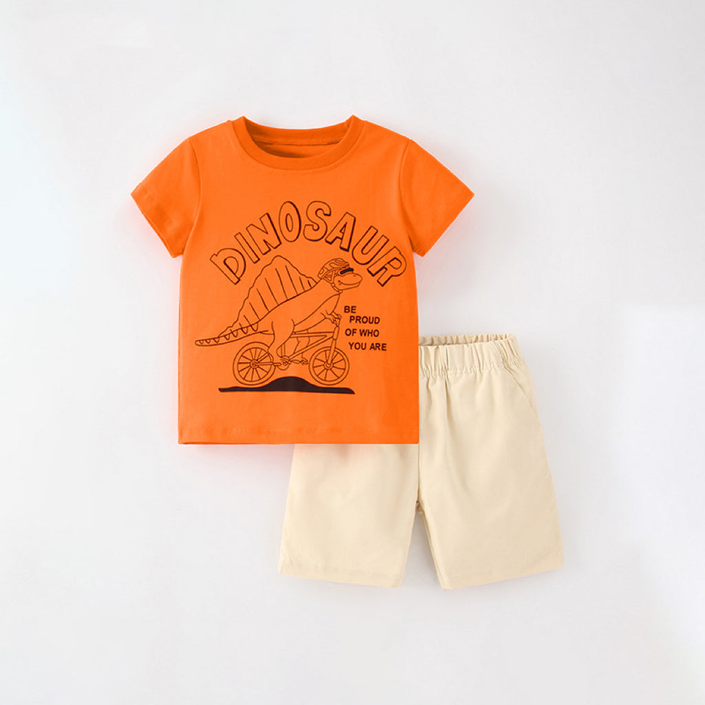 Baby Boy Cartoon Graphic Tee Combo Shorts Sets in Grey and Orange, featuring playful cartoon designs, perfect for summer wear.