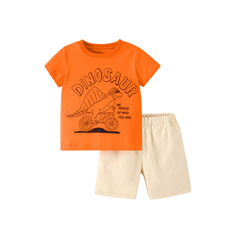 Baby Boy Cartoon Graphic Tee Combo Shorts Sets in Grey and Orange, featuring playful cartoon designs, perfect for summer wear.