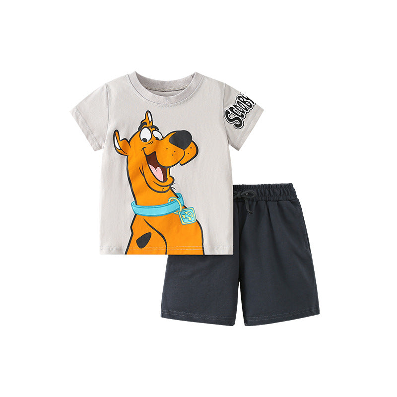 Baby Boy Cartoon Graphic Tee Combo Shorts Sets in Grey and Orange, featuring playful cartoon designs, perfect for summer wear.