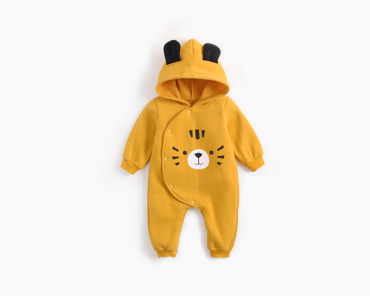 Baby boy wearing a vibrant cartoon pattern longsleeve romper with side buttons and a matching hat, showcasing a cheerful yellow color.