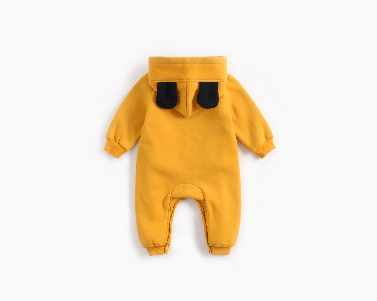 Baby boy wearing a vibrant cartoon pattern longsleeve romper with side buttons and a matching hat, showcasing a cheerful yellow color.