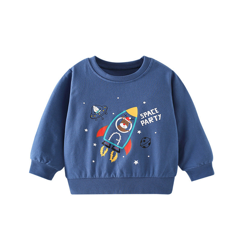 Baby boy wearing a blue cotton hoodie with a cartoon planet pattern, featuring a round collar, perfect for spring and autumn.