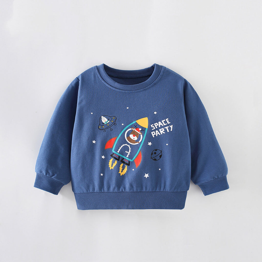 Baby boy wearing a blue cotton hoodie with a cartoon planet pattern, featuring a round collar, perfect for spring and autumn.