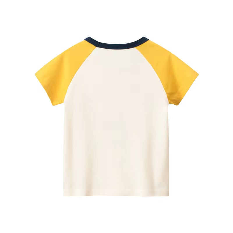 Baby boy wearing a yellow cartoon print colorblock short sleeve top, showcasing a playful design perfect for summer.