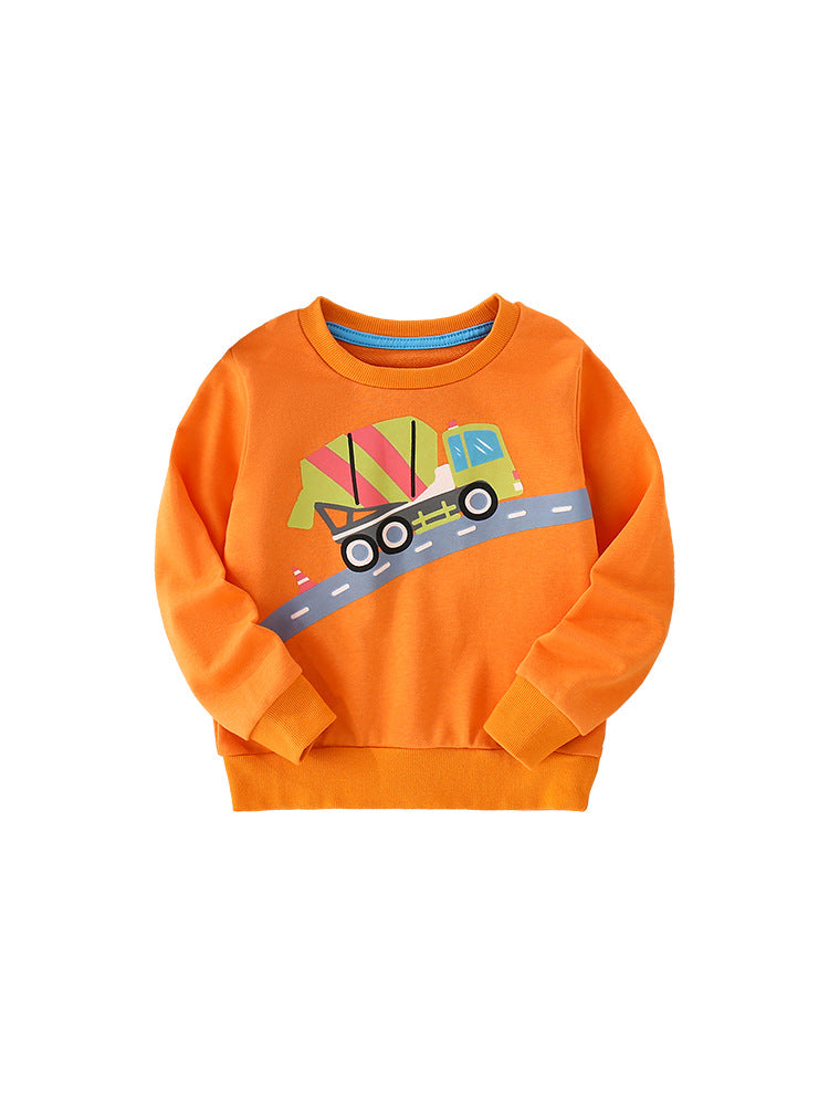 Baby boy comfy cotton pullover featuring a colorful cartoon print, available in black, yellow, and orange.