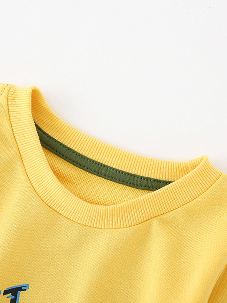 Baby boy comfy cotton pullover featuring a colorful cartoon print, available in black, yellow, and orange.