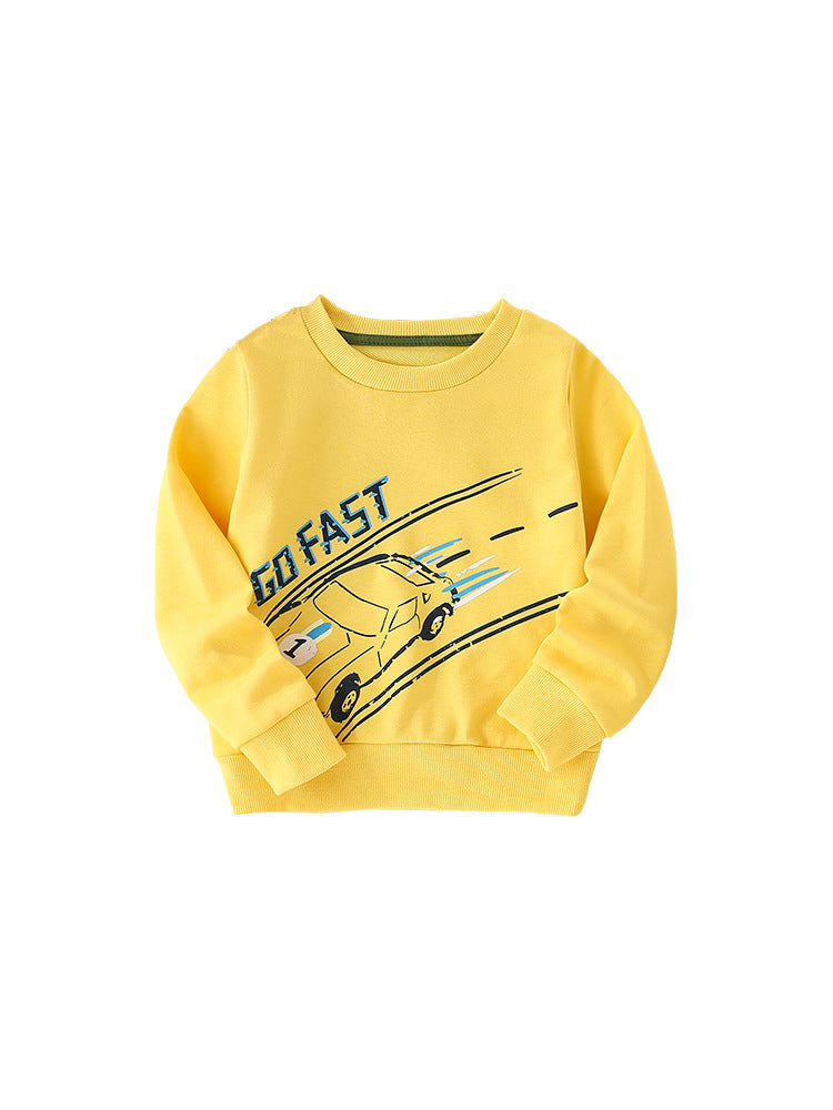 Baby boy comfy cotton pullover featuring a colorful cartoon print, available in black, yellow, and orange.