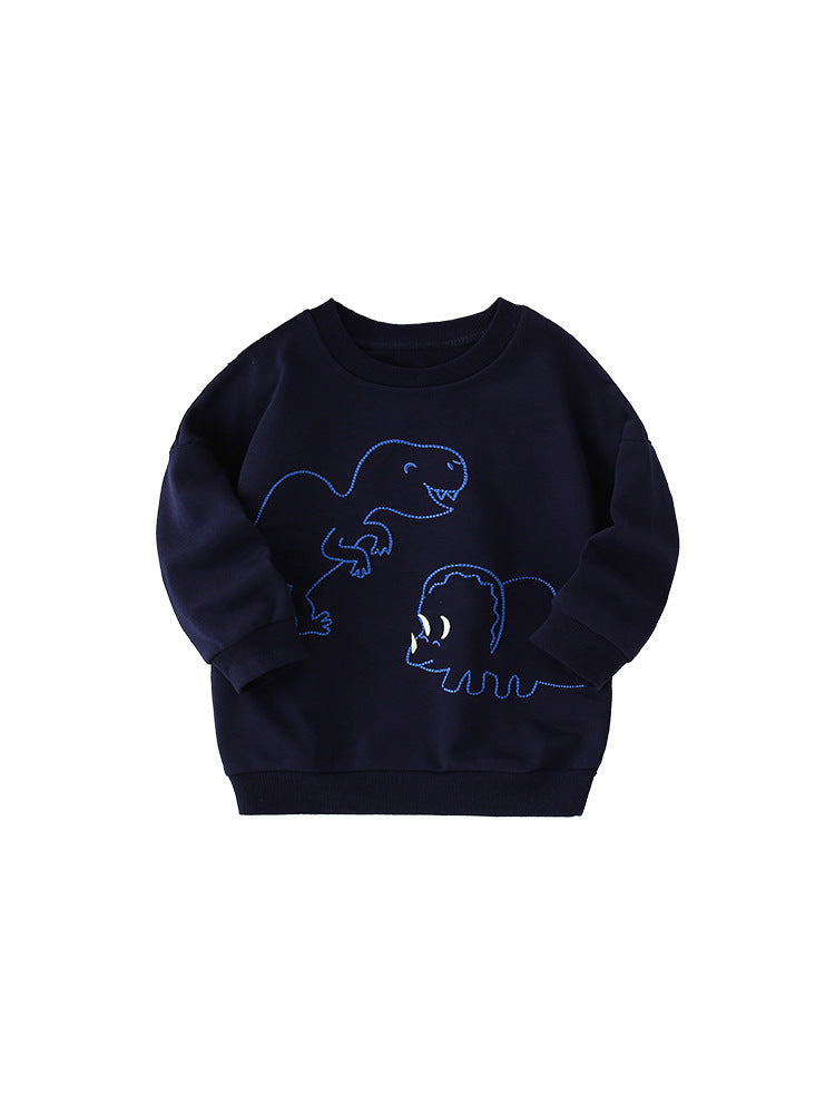 Baby boy comfy cotton pullover featuring a colorful cartoon print, available in black, yellow, and orange.