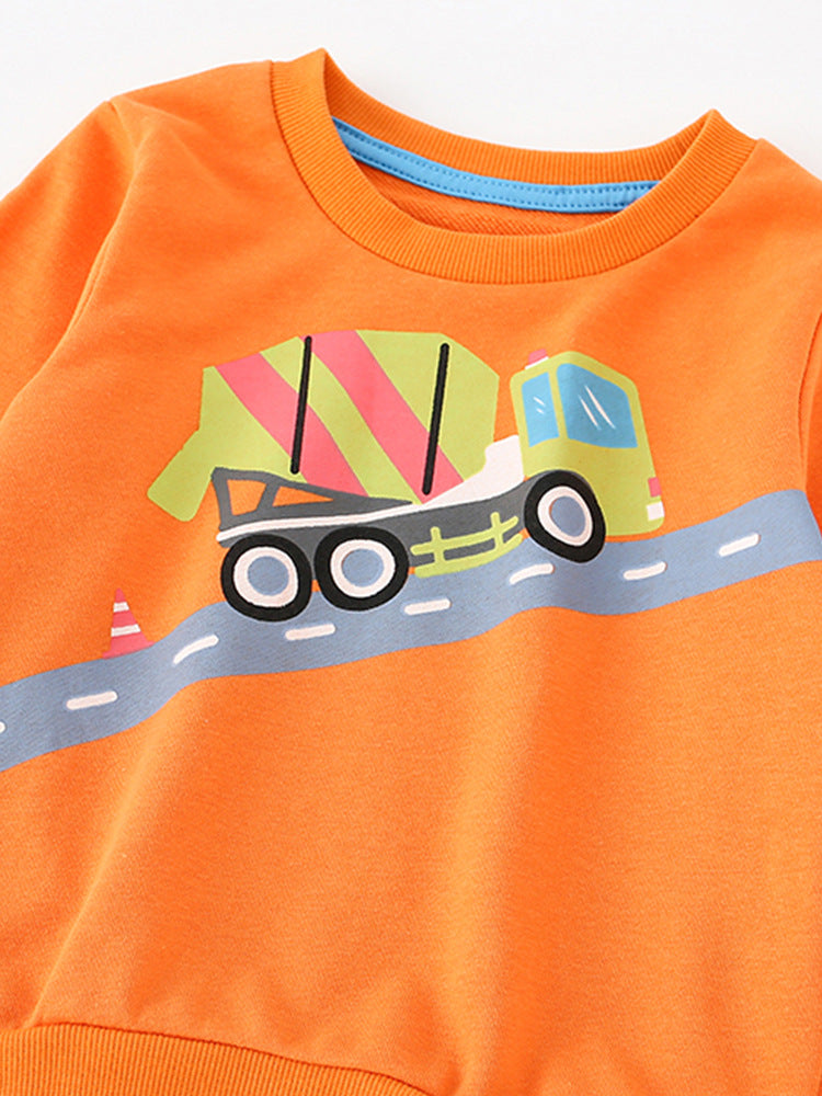 Baby boy comfy cotton pullover featuring a colorful cartoon print, available in black, yellow, and orange.