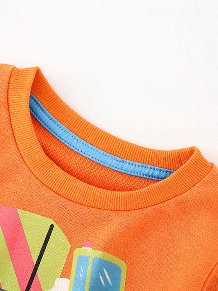 Baby boy comfy cotton pullover featuring a colorful cartoon print, available in black, yellow, and orange.