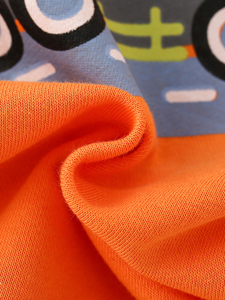 Baby boy comfy cotton pullover featuring a colorful cartoon print, available in black, yellow, and orange.