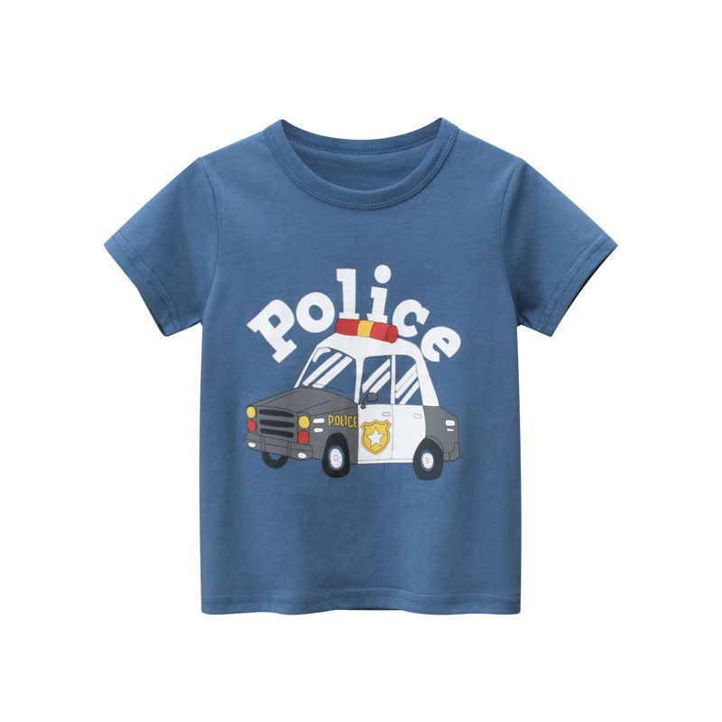 Baby boy wearing a blue cartoon print O-neck t-shirt, perfect for summer adventures.