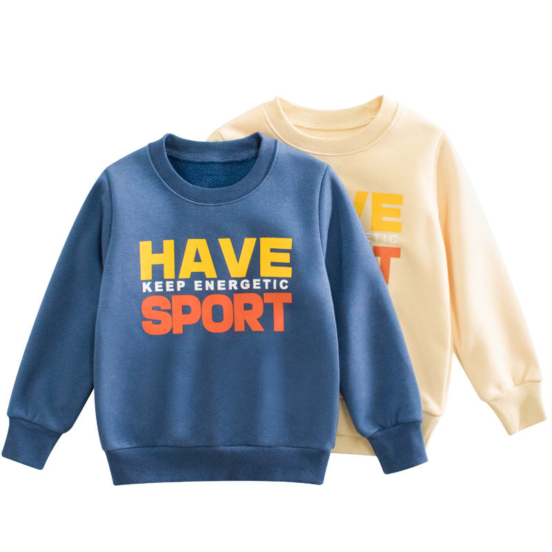 A colorful baby boy hoodie featuring playful slogans, available in blue and apricot colors, made from soft cotton material.