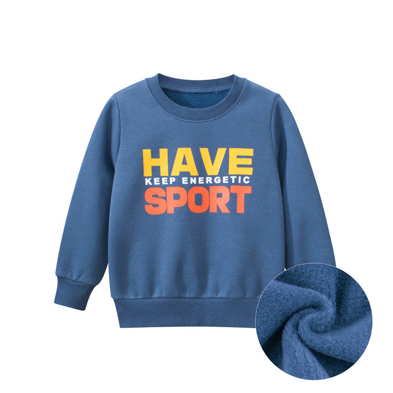 A colorful baby boy hoodie featuring playful slogans, available in blue and apricot colors, made from soft cotton material.