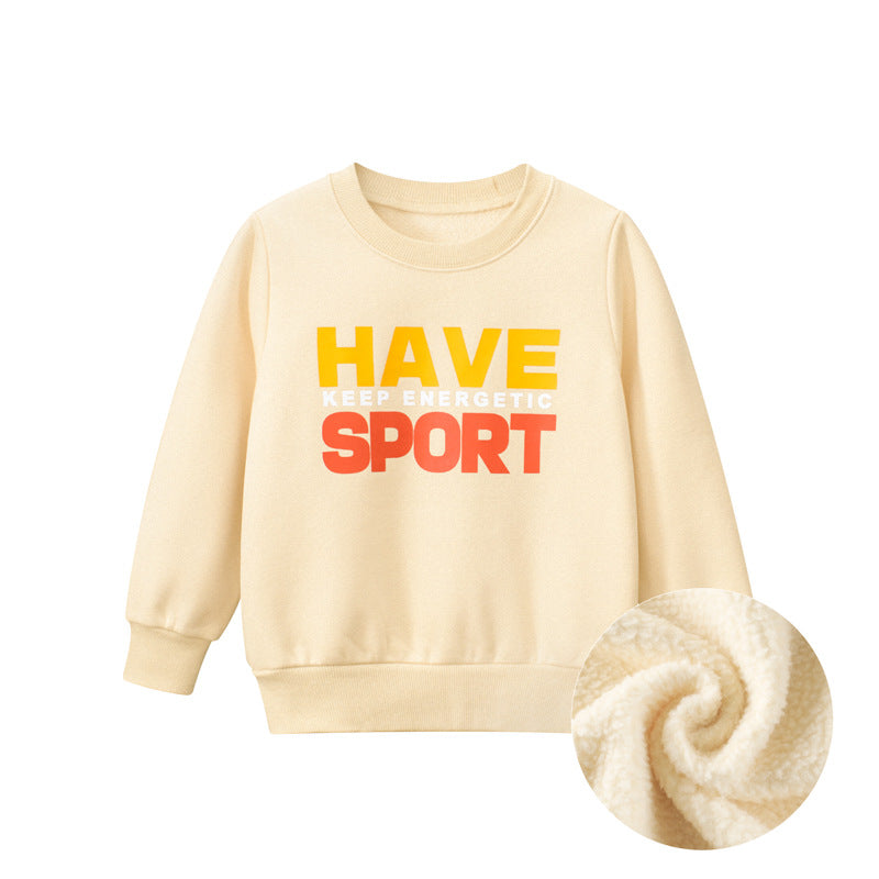 A colorful baby boy hoodie featuring playful slogans, available in blue and apricot colors, made from soft cotton material.