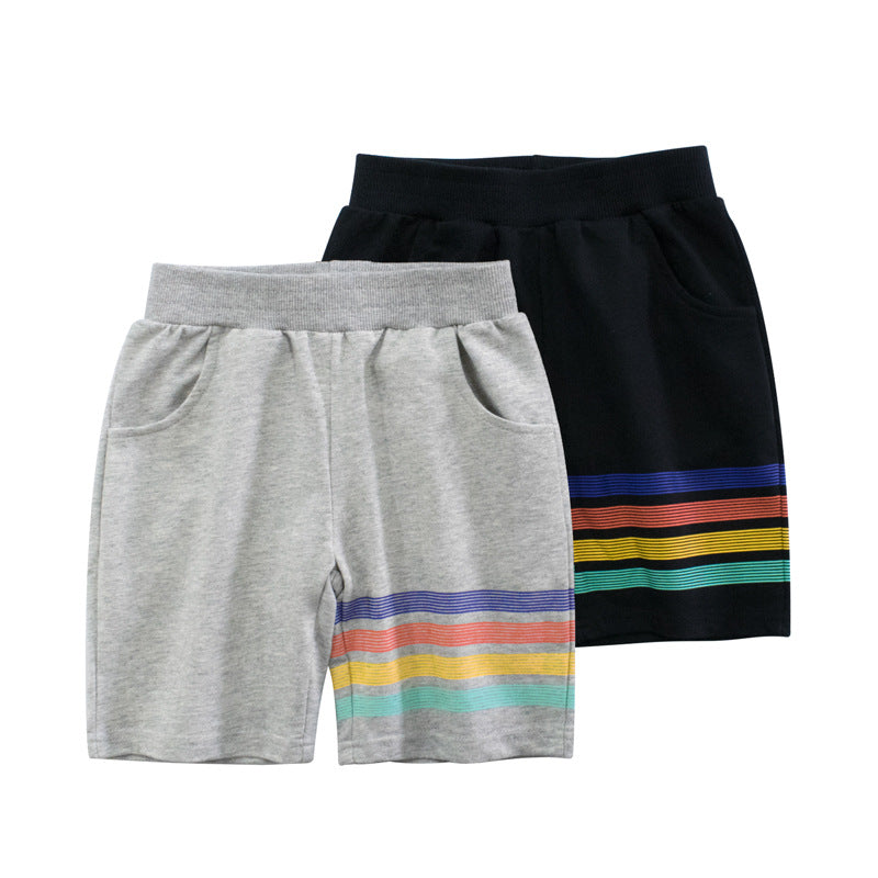 Colorful striped summer pants for baby boys, featuring a five-point design and two pockets, made from soft cotton material.