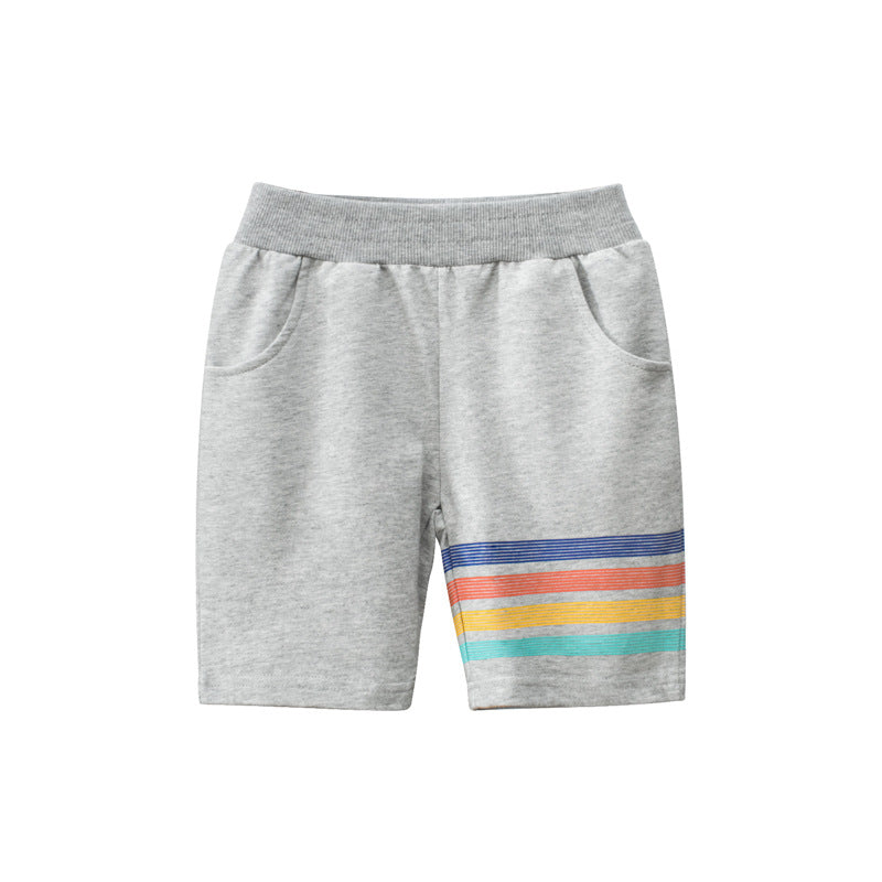 Colorful striped summer pants for baby boys, featuring a five-point design and two pockets, made from soft cotton material.