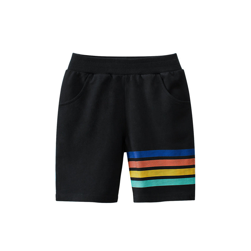 Colorful striped summer pants for baby boys, featuring a five-point design and two pockets, made from soft cotton material.