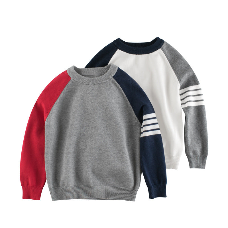 Cozy knitted sweater for baby boys featuring a contrast design and side striped pattern in white and grey colors.