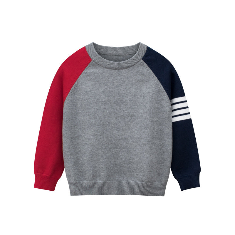 Cozy knitted sweater for baby boys featuring a contrast design and side striped pattern in white and grey colors.