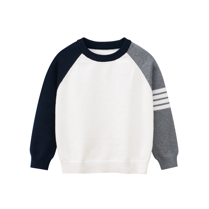 Cozy knitted sweater for baby boys featuring a contrast design and side striped pattern in white and grey colors.