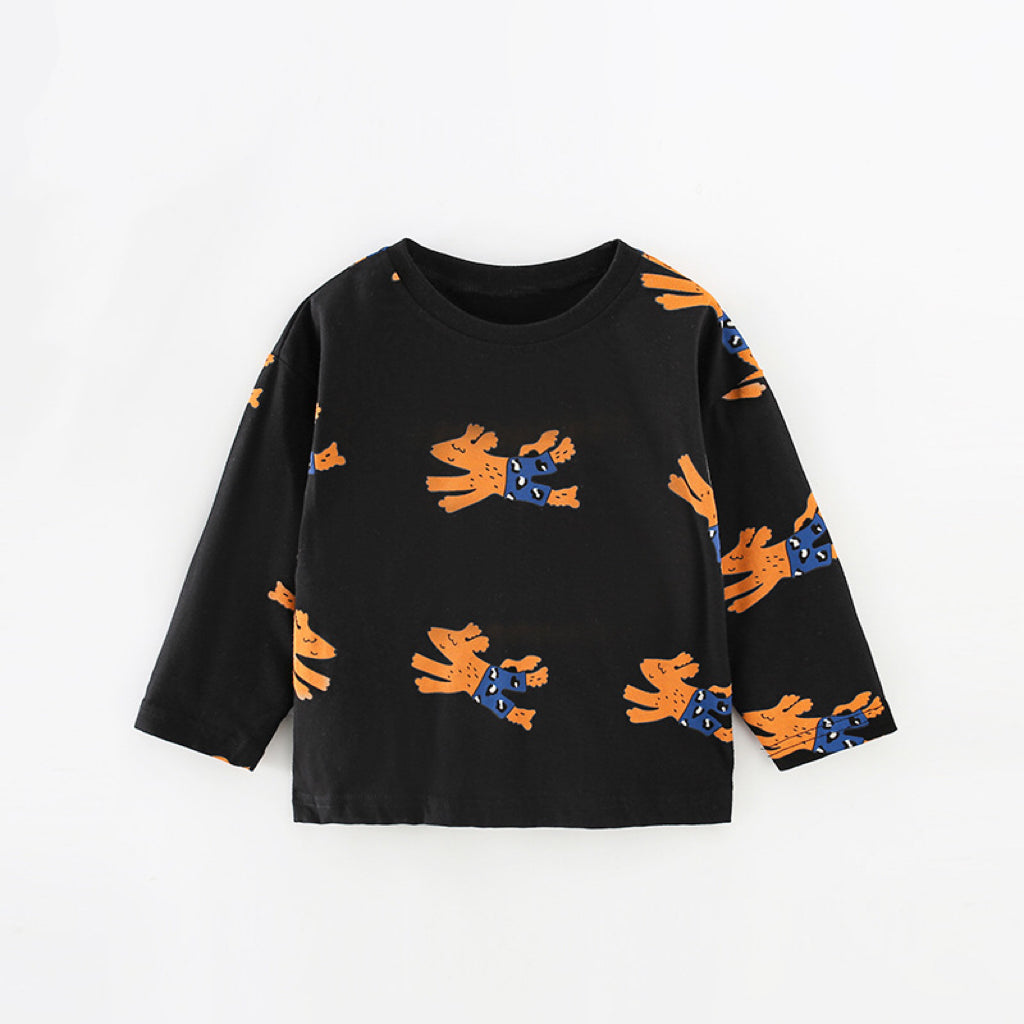 Baby boy wearing a cute dog print pattern O-neck cotton shirt, showcasing a playful design and comfortable fit.