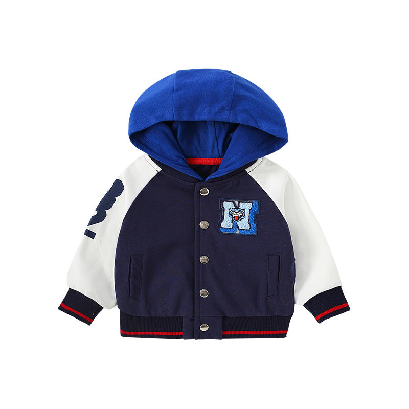 A stylish baby boy coat featuring an embroidered pattern and a bold colorblock design, perfect for spring and autumn wear.