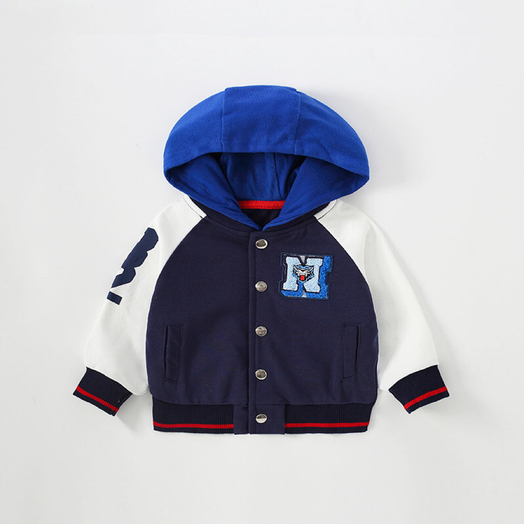 A stylish baby boy coat featuring an embroidered pattern and a bold colorblock design, perfect for spring and autumn wear.