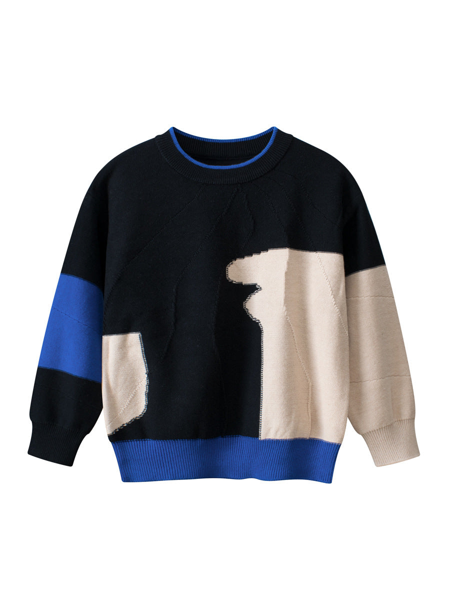 Baby boy's blue patchwork knitwear pullover with long sleeves and crew neck design, perfect for spring and autumn wear.