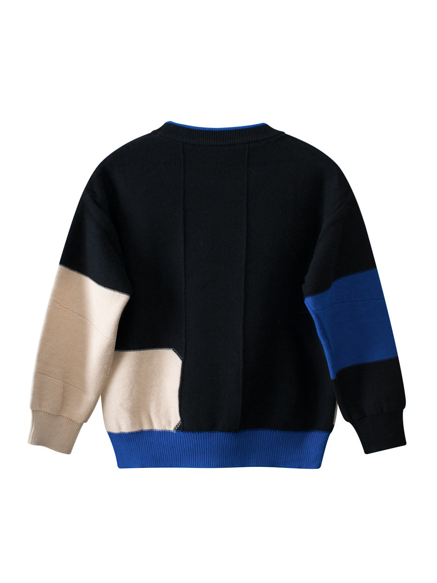 Baby boy's blue patchwork knitwear pullover with long sleeves and crew neck design, perfect for spring and autumn wear.