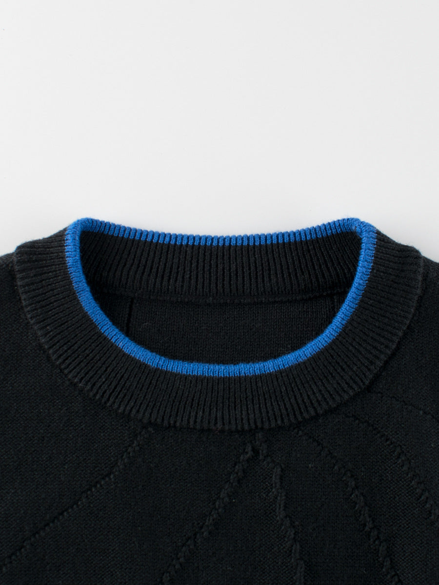 Baby boy's blue patchwork knitwear pullover with long sleeves and crew neck design, perfect for spring and autumn wear.