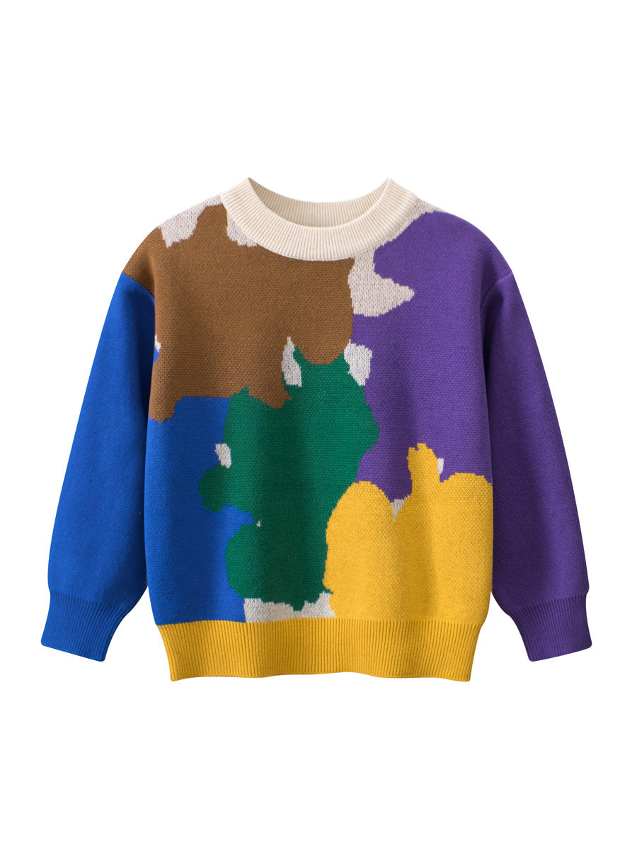 Baby boy's blue color patchwork crew neck long sleeve knitwear made from soft cotton, perfect for spring and autumn wear.