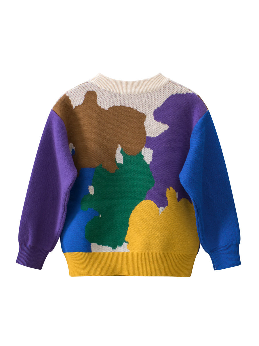 Baby boy's blue color patchwork crew neck long sleeve knitwear made from soft cotton, perfect for spring and autumn wear.