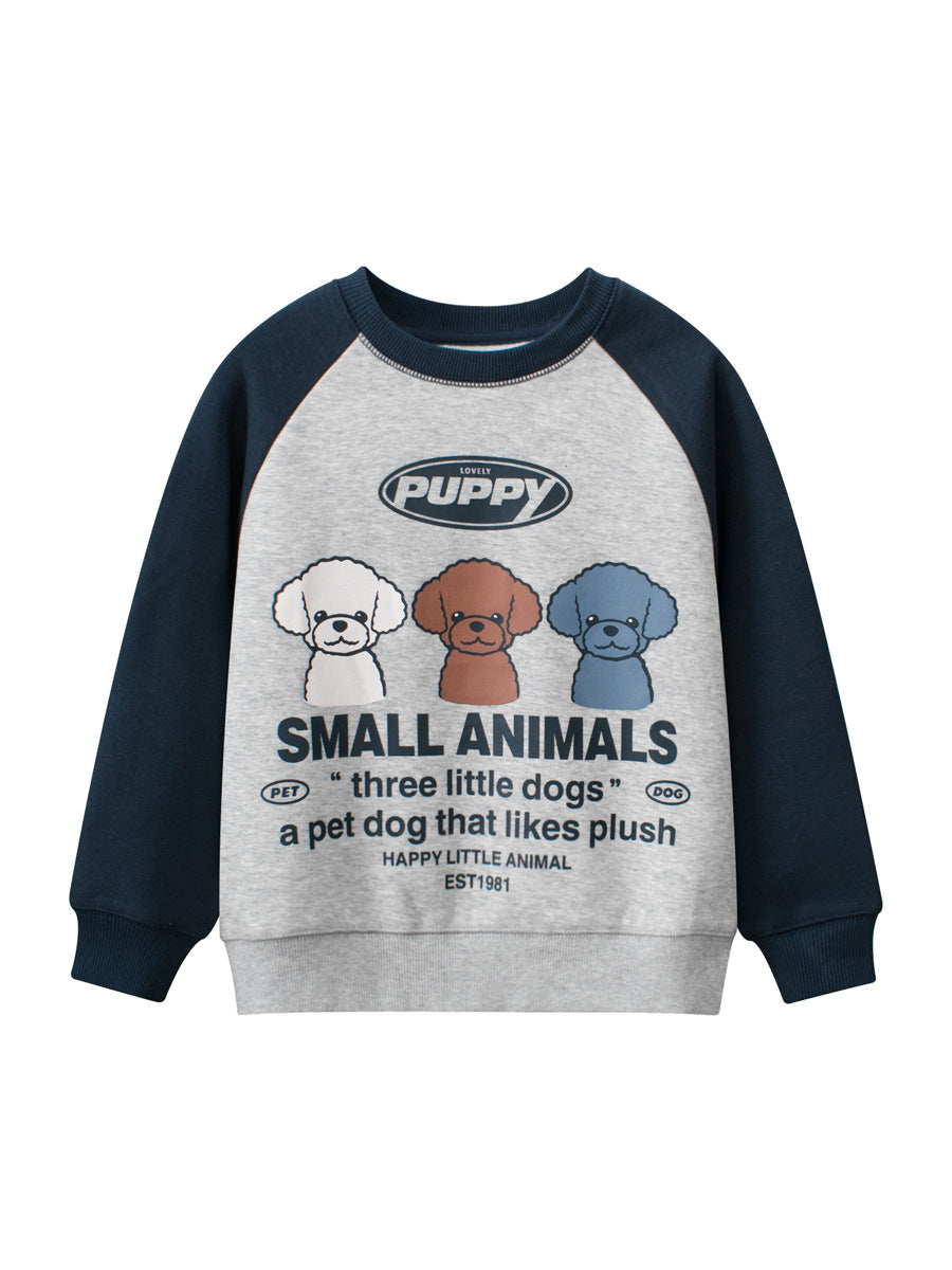 Baby Boy Kids Puppy Dogs Cartoon Crew Neck Long Sleeve Fleece Pullover in grey, featuring a playful puppy design.