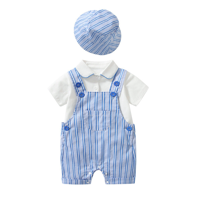 Baby boy wearing a stylish lapel bodysuit combo with striped graphic crotch overall, showcasing a vibrant blue color.