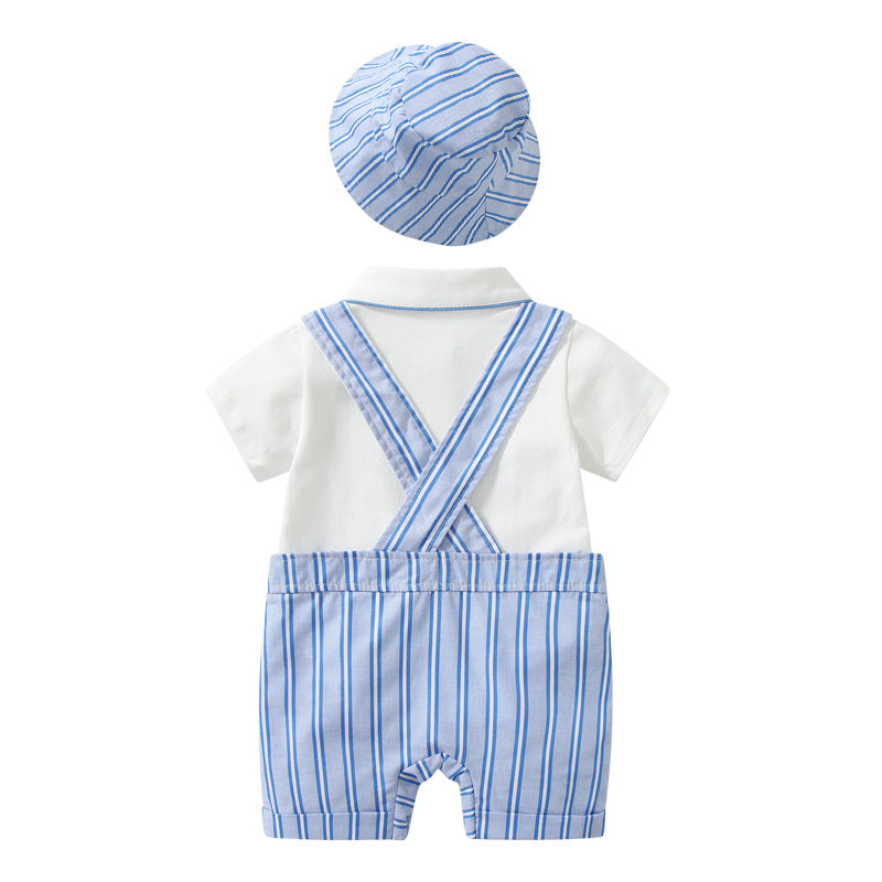 Baby boy wearing a stylish lapel bodysuit combo with striped graphic crotch overall, showcasing a vibrant blue color.