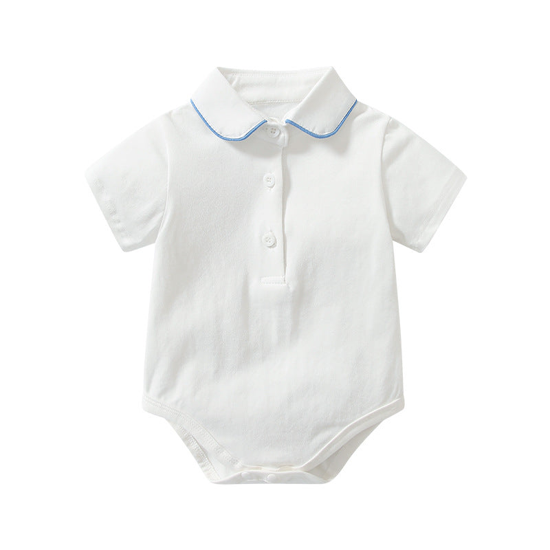 Baby boy wearing a stylish lapel bodysuit combo with striped graphic crotch overall, showcasing a vibrant blue color.