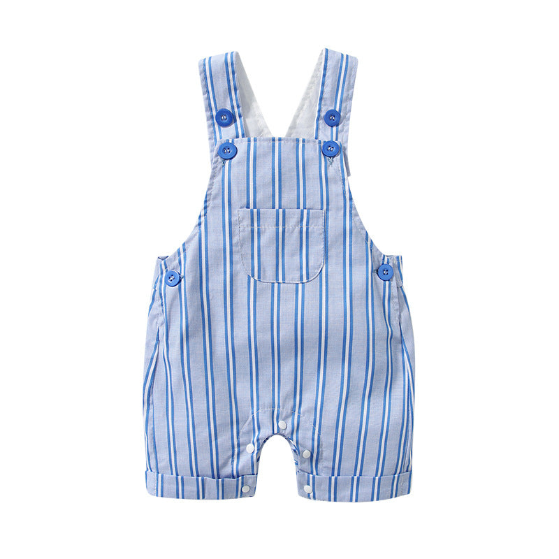 Baby boy wearing a stylish lapel bodysuit combo with striped graphic crotch overall, showcasing a vibrant blue color.