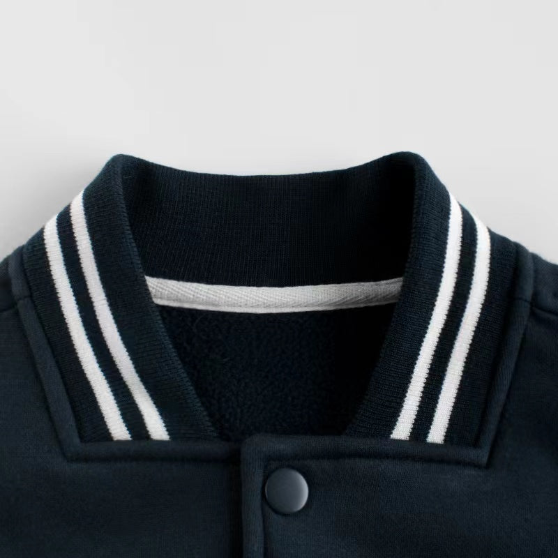 Navy blue baseball coat for baby boys featuring embroidered letters and contrast design, perfect for spring and autumn wear.