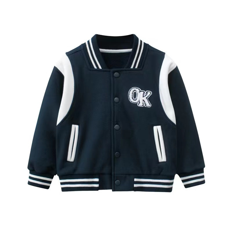 Navy blue baseball coat for baby boys featuring embroidered letters and contrast design, perfect for spring and autumn wear.