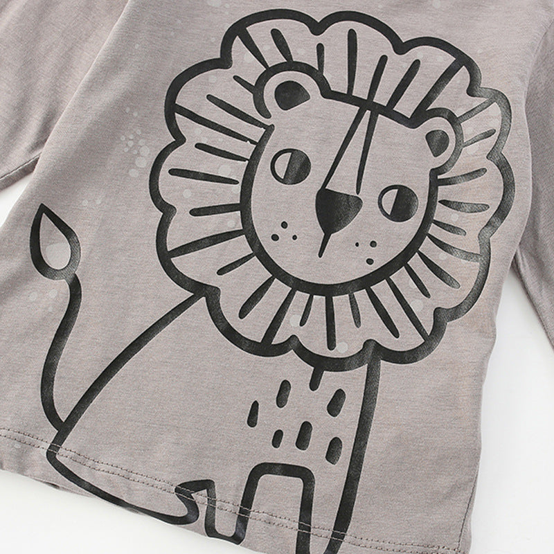 A soft cotton shirt for baby boys featuring a playful lion pattern in grey, perfect for spring and autumn wear.