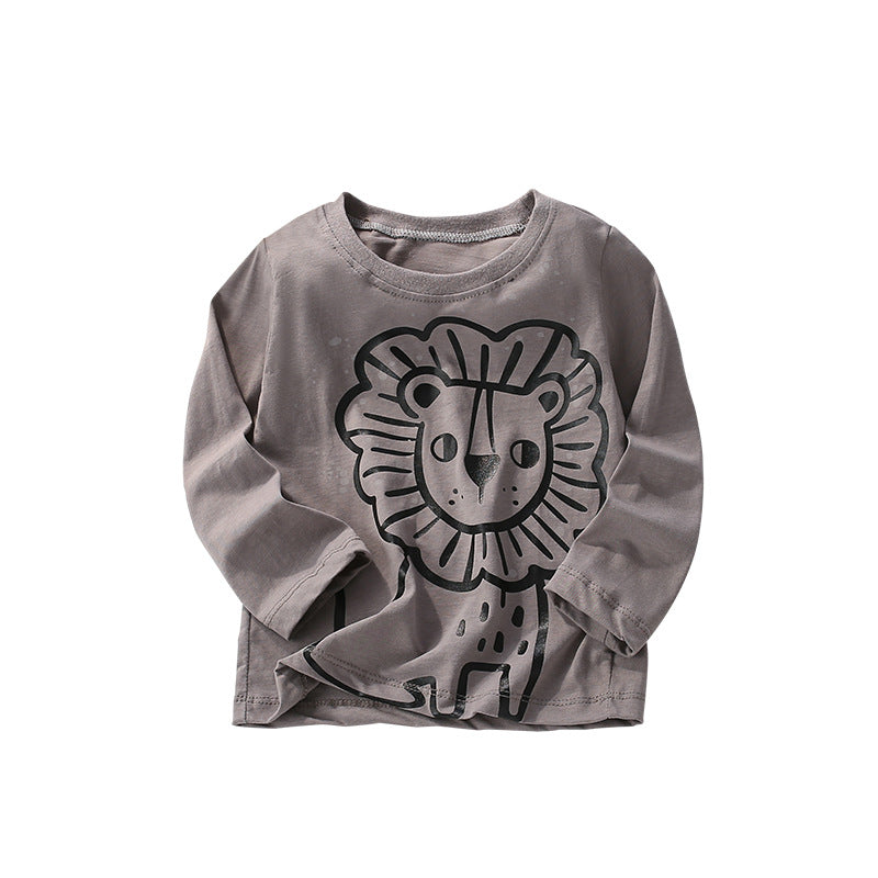 A soft cotton shirt for baby boys featuring a playful lion pattern in grey, perfect for spring and autumn wear.