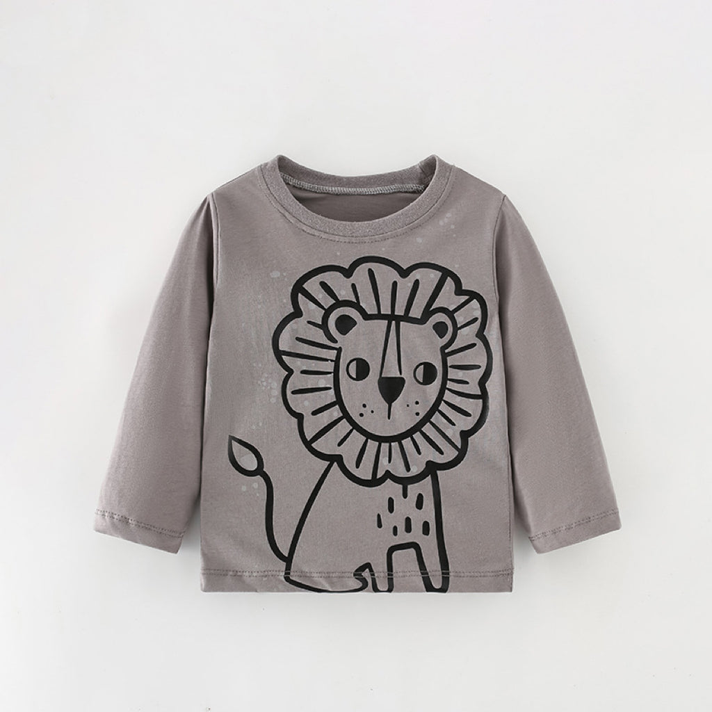 A soft cotton shirt for baby boys featuring a playful lion pattern in grey, perfect for spring and autumn wear.